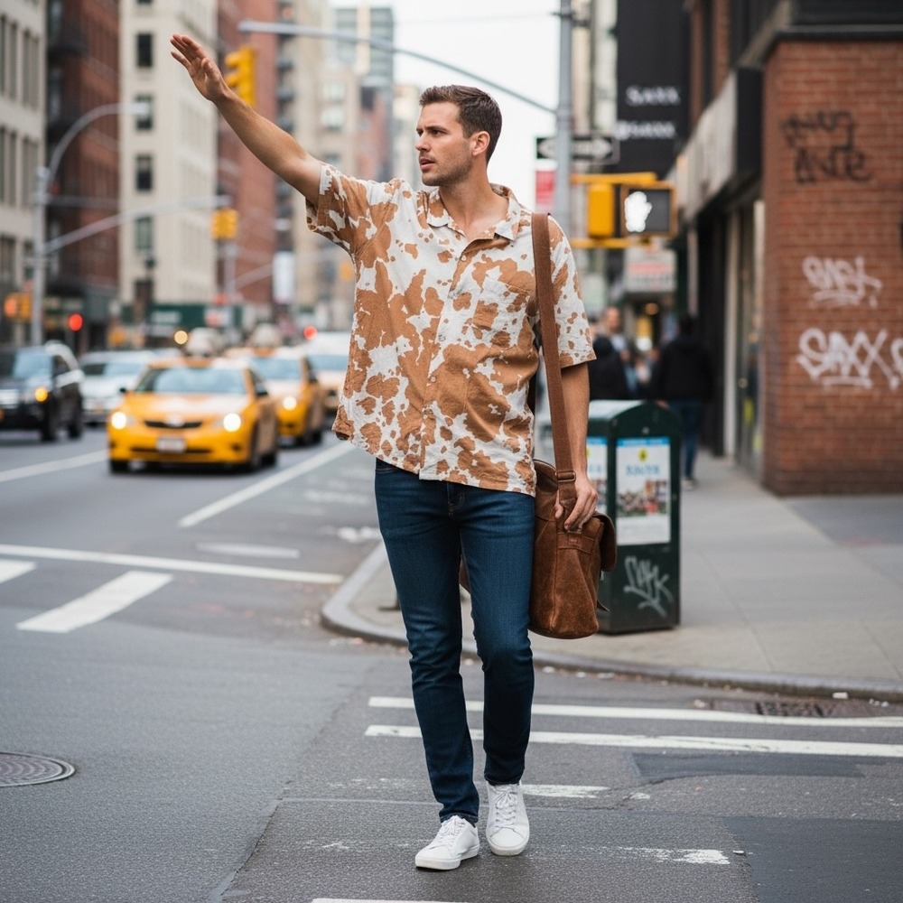 Duvin Design Co Mens Cow Print Rayon Short Sleeve Button Up‎ Shirt Tan White L